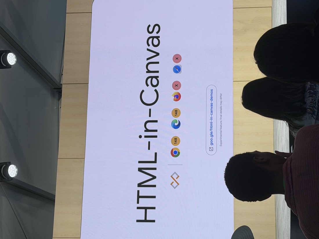 Slide "HTML-in-Canvas" con código: un canvas con layoutsubtree, un h1 adentro, y en el onpaint un ctx.drawElementImage(content, 0, 0); el badge indica Chrome 148