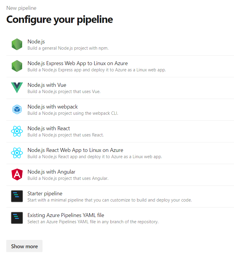 Selecting the initial template for your pipeline