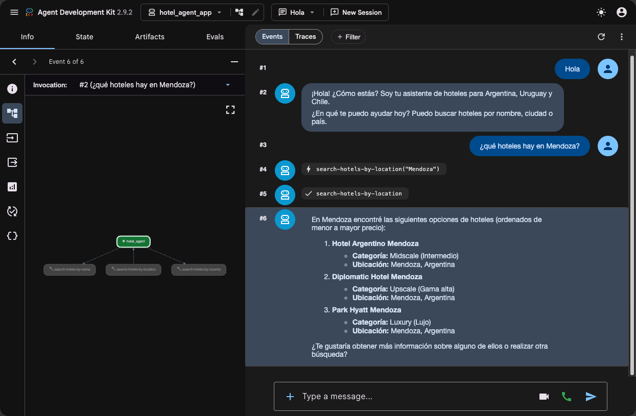 La UI de ADK mostrando la llamada a search-hotels-by-location y la respuesta del agente