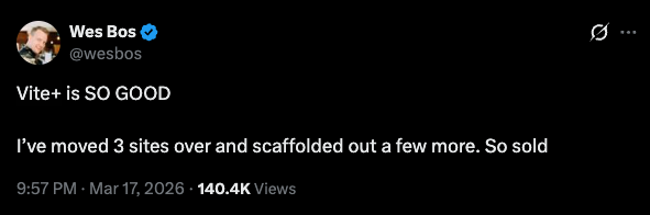 Tweet de Wes Bos sobre Vite+